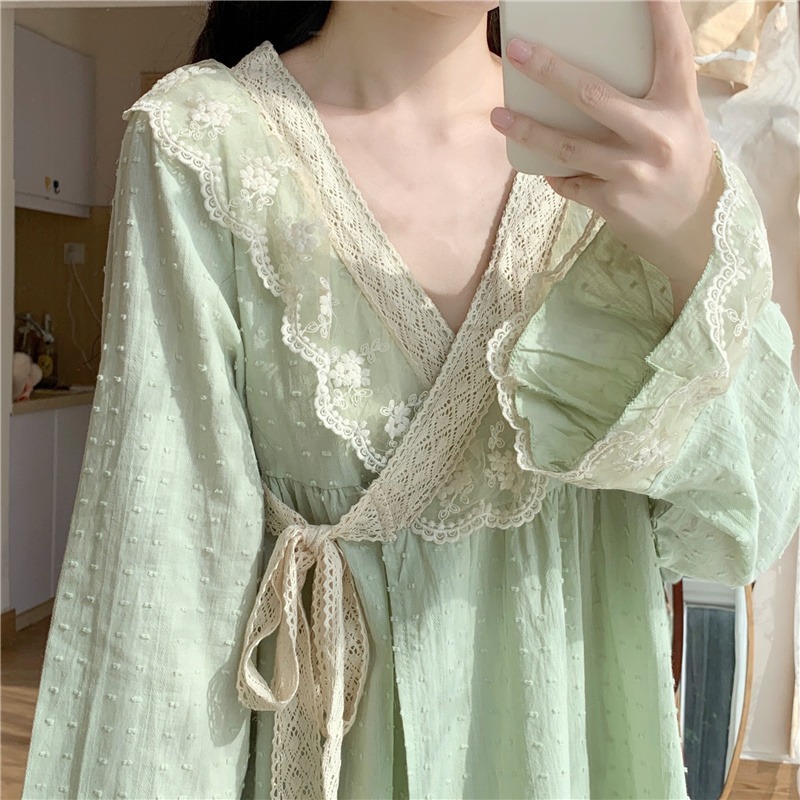 日系蕾絲花邊V領睡衣少女宮廷風長袖系帶家居和服兩件套裝春秋款-細節圖2