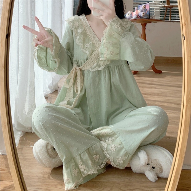 日系蕾絲花邊V領睡衣少女宮廷風長袖系帶家居和服兩件套裝春秋款-細節圖4