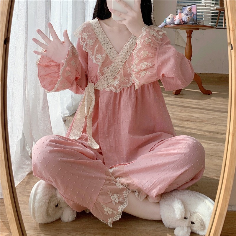 日系蕾絲花邊V領睡衣少女宮廷風長袖系帶家居和服兩件套裝春秋款-細節圖6