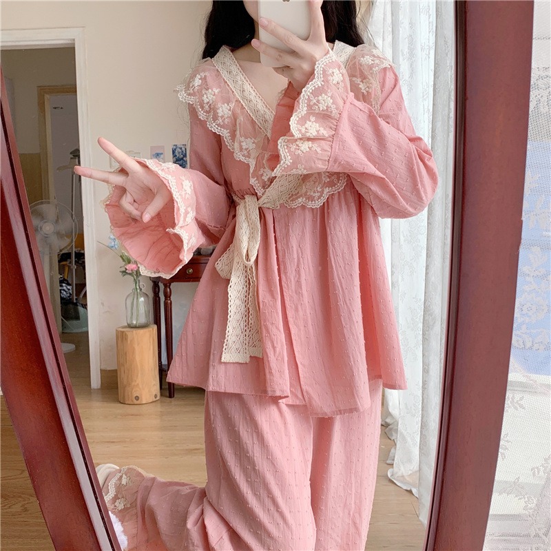 日系蕾絲花邊V領睡衣少女宮廷風長袖系帶家居和服兩件套裝春秋款-細節圖8
