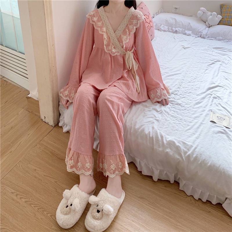 日系蕾絲花邊V領睡衣少女宮廷風長袖系帶家居和服兩件套裝春秋款-細節圖9