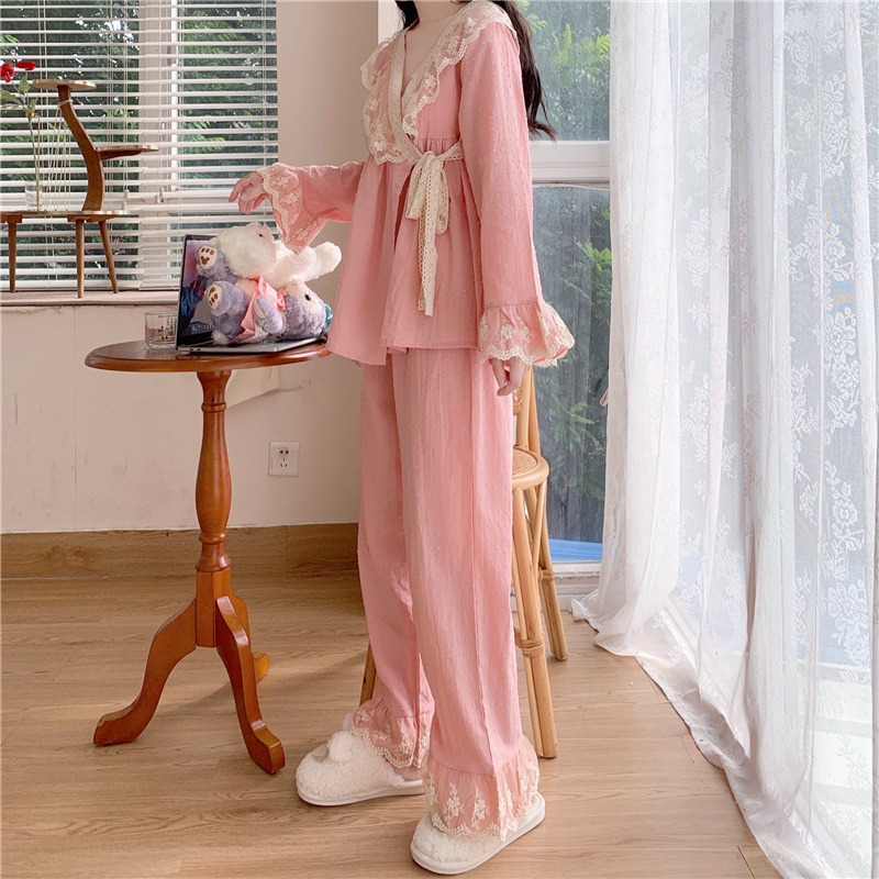 日系蕾絲花邊V領睡衣少女宮廷風長袖系帶家居和服兩件套裝春秋款-細節圖10
