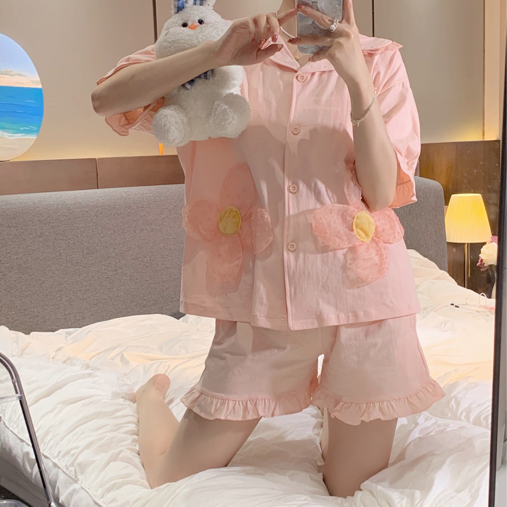 甜美蕾絲花朵短袖睡衣女ins風年新款夏季可愛家居服兩件套裝-細節圖3