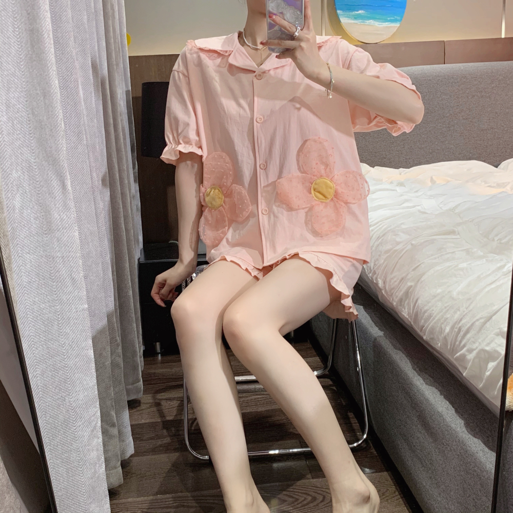 甜美蕾絲花朵短袖睡衣女ins風年新款夏季可愛家居服兩件套裝-細節圖4
