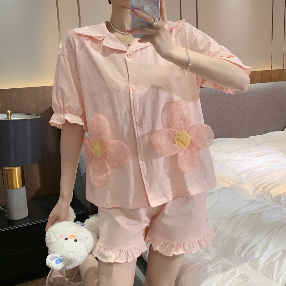 甜美蕾絲花朵短袖睡衣女ins風年新款夏季可愛家居服兩件套裝-細節圖5