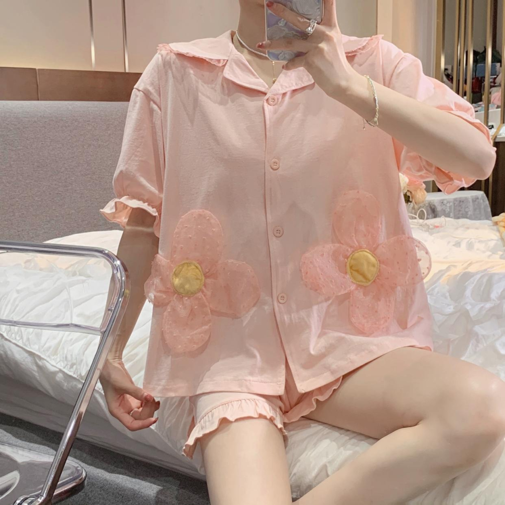 甜美蕾絲花朵短袖睡衣女ins風年新款夏季可愛家居服兩件套裝-細節圖6