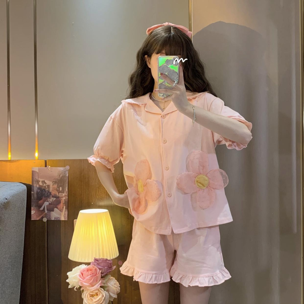 甜美蕾絲花朵短袖睡衣女ins風年新款夏季可愛家居服兩件套裝-細節圖7
