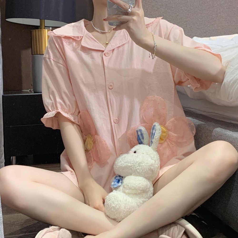 甜美蕾絲花朵短袖睡衣女ins風年新款夏季可愛家居服兩件套裝-細節圖8