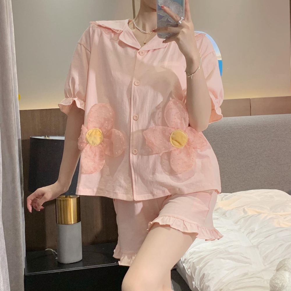 甜美蕾絲花朵短袖睡衣女ins風年新款夏季可愛家居服兩件套裝-細節圖9