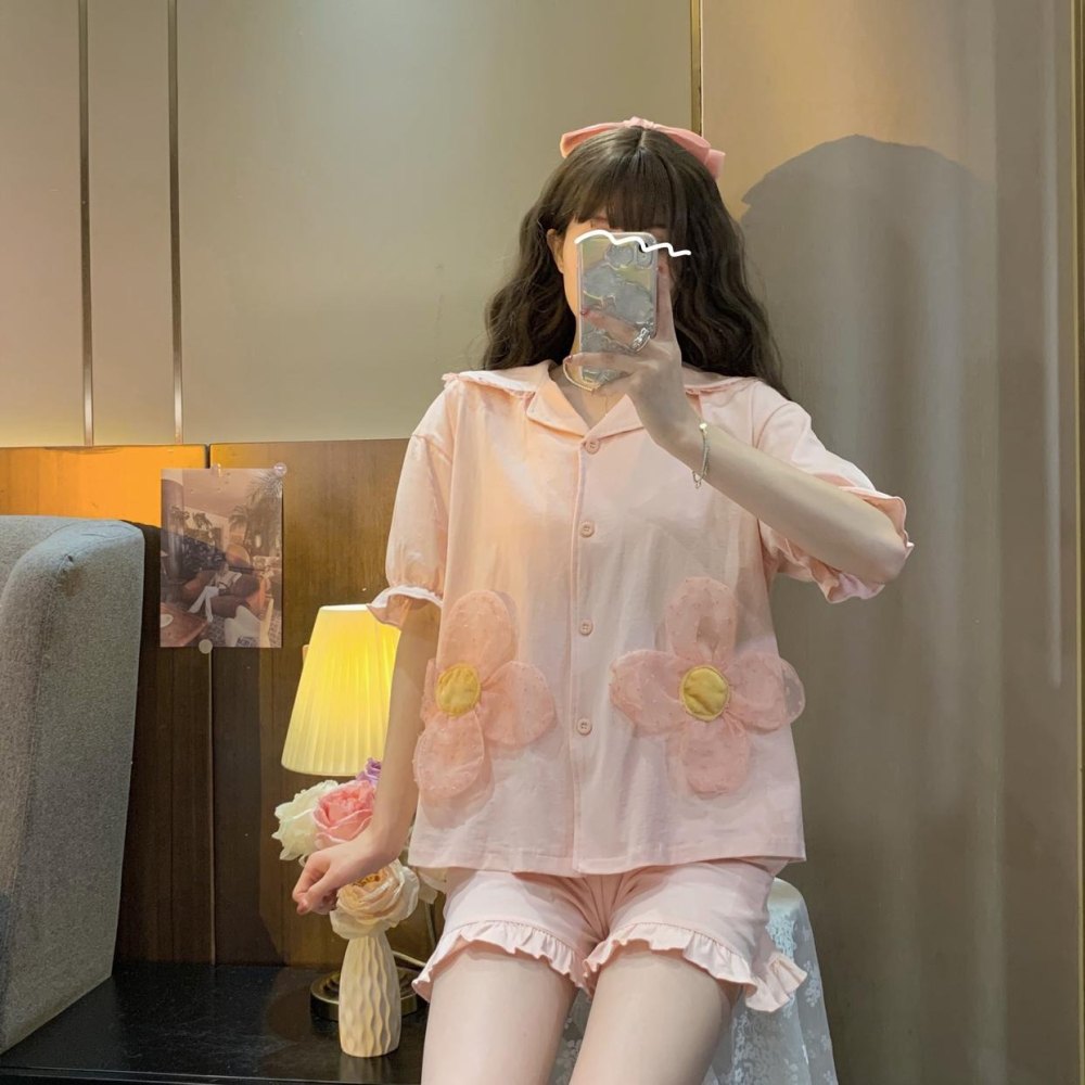 甜美蕾絲花朵短袖睡衣女ins風年新款夏季可愛家居服兩件套裝-細節圖10