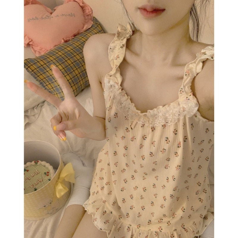 可愛蕾絲邊吊帶睡衣短褲套裝女ins風年新款碎花純欲家居服夏-細節圖2