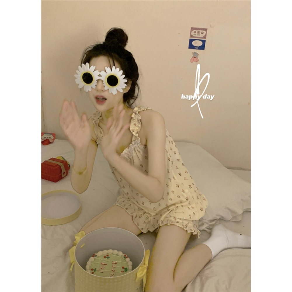 可愛蕾絲邊吊帶睡衣短褲套裝女ins風年新款碎花純欲家居服夏-細節圖9