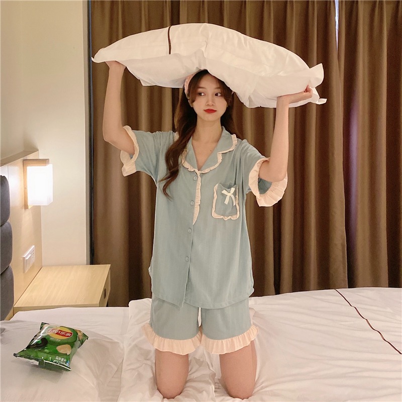 甜美西裝領短袖睡衣女夏ins風年新款可愛外穿家居服兩件套裝-細節圖2