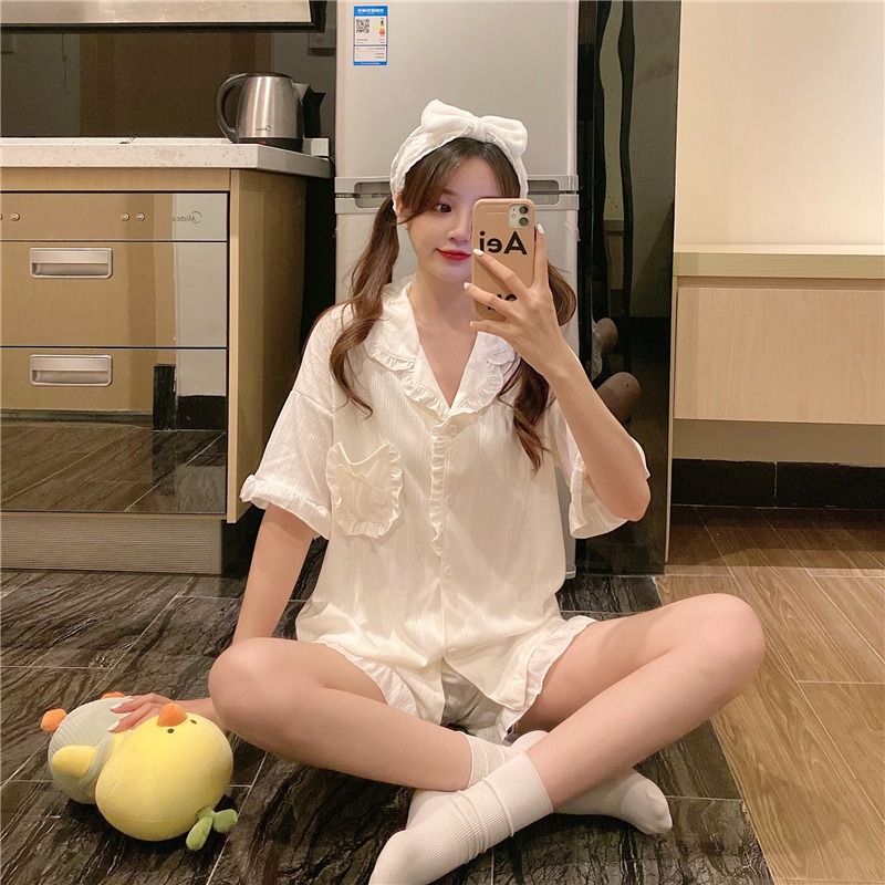 甜美西裝領短袖睡衣女夏ins風年新款可愛外穿家居服兩件套裝-細節圖3