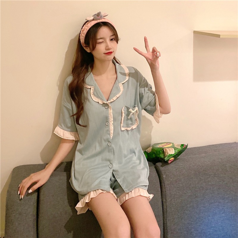 甜美西裝領短袖睡衣女夏ins風年新款可愛外穿家居服兩件套裝-細節圖4