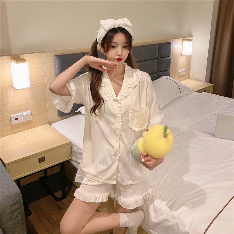 甜美西裝領短袖睡衣女夏ins風年新款可愛外穿家居服兩件套裝-細節圖6