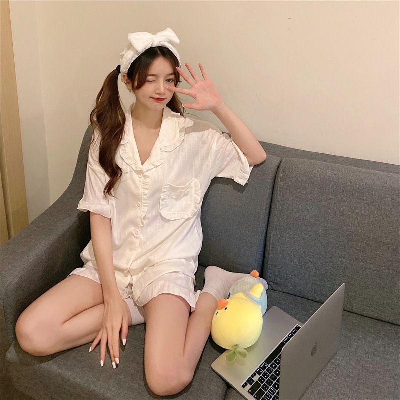甜美西裝領短袖睡衣女夏ins風年新款可愛外穿家居服兩件套裝-細節圖7