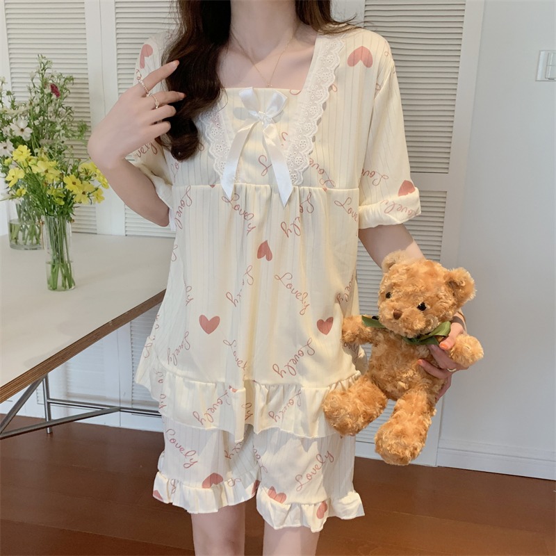 甜美蕾絲邊方領睡衣女ins風可愛蝴蝶結印花短袖家居服兩件套裝夏-細節圖3