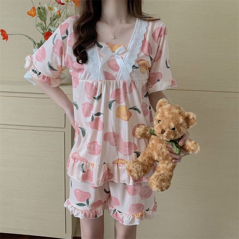 甜美蕾絲邊方領睡衣女ins風可愛蝴蝶結印花短袖家居服兩件套裝夏-細節圖4