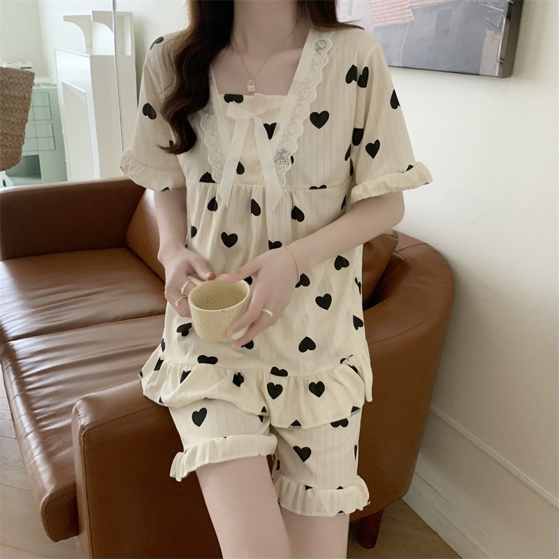甜美蕾絲邊方領睡衣女ins風可愛蝴蝶結印花短袖家居服兩件套裝夏-細節圖10