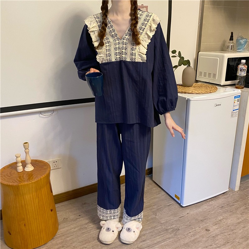 宮廷風蕾絲邊V領睡衣女年春秋新款長袖長褲兩件套裝可愛外穿-細節圖3