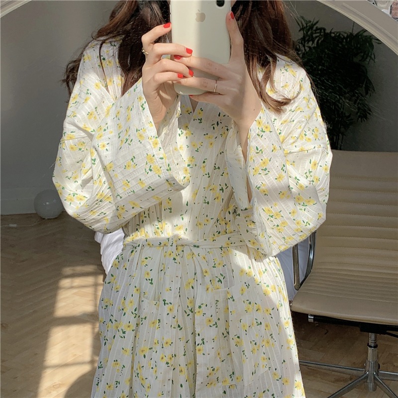 甜美純棉碎花長袖睡袍女ins風可外穿春秋款和服家居衣裙浴袍-細節圖2