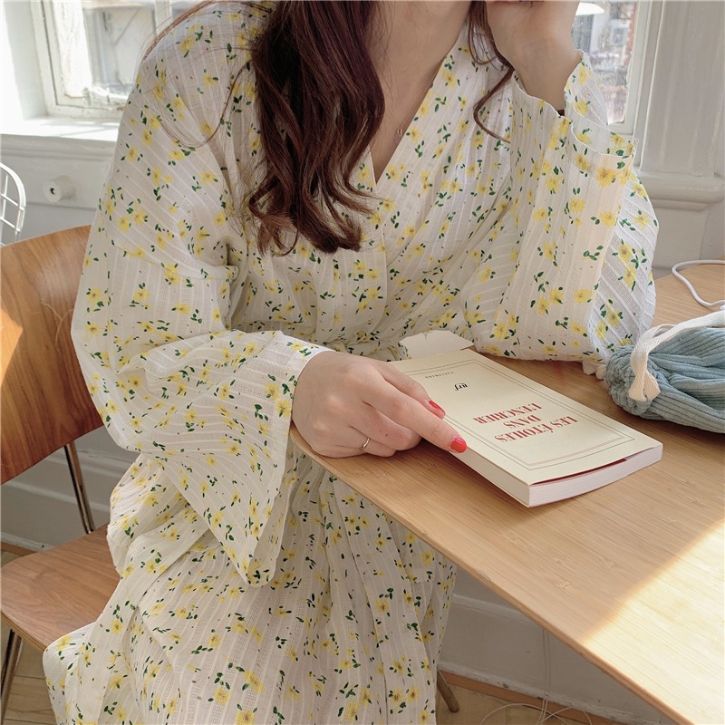 甜美純棉碎花長袖睡袍女ins風可外穿春秋款和服家居衣裙浴袍-細節圖4