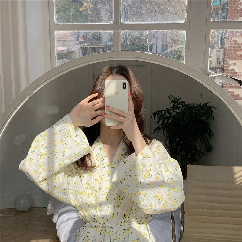 甜美純棉碎花長袖睡袍女ins風可外穿春秋款和服家居衣裙浴袍-細節圖7