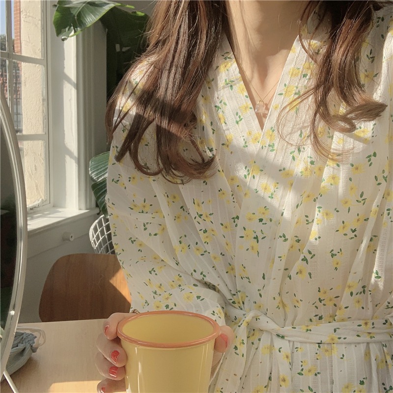 甜美純棉碎花長袖睡袍女ins風可外穿春秋款和服家居衣裙浴袍-細節圖9