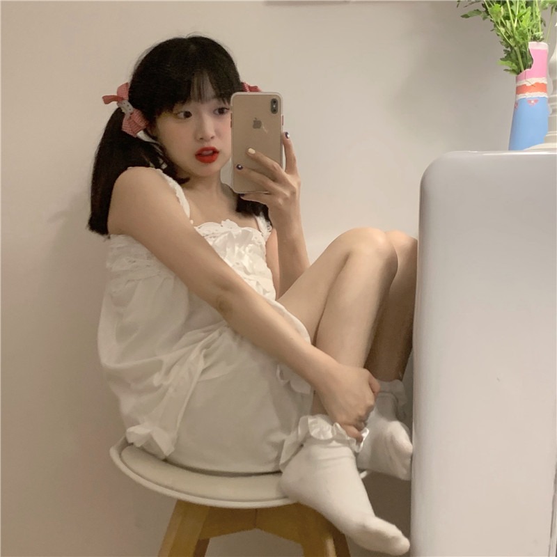 純欲風吊帶睡衣女ins甜美可愛學生蕾絲邊方領家居服兩件套裝春夏-細節圖8