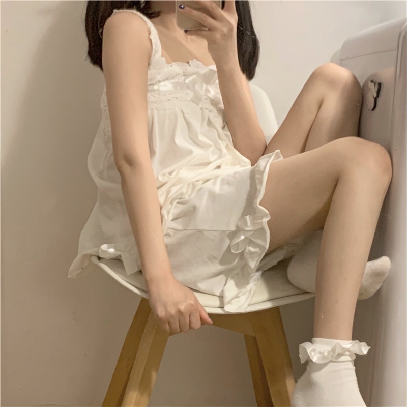 純欲風吊帶睡衣女ins甜美可愛學生蕾絲邊方領家居服兩件套裝春夏-細節圖9