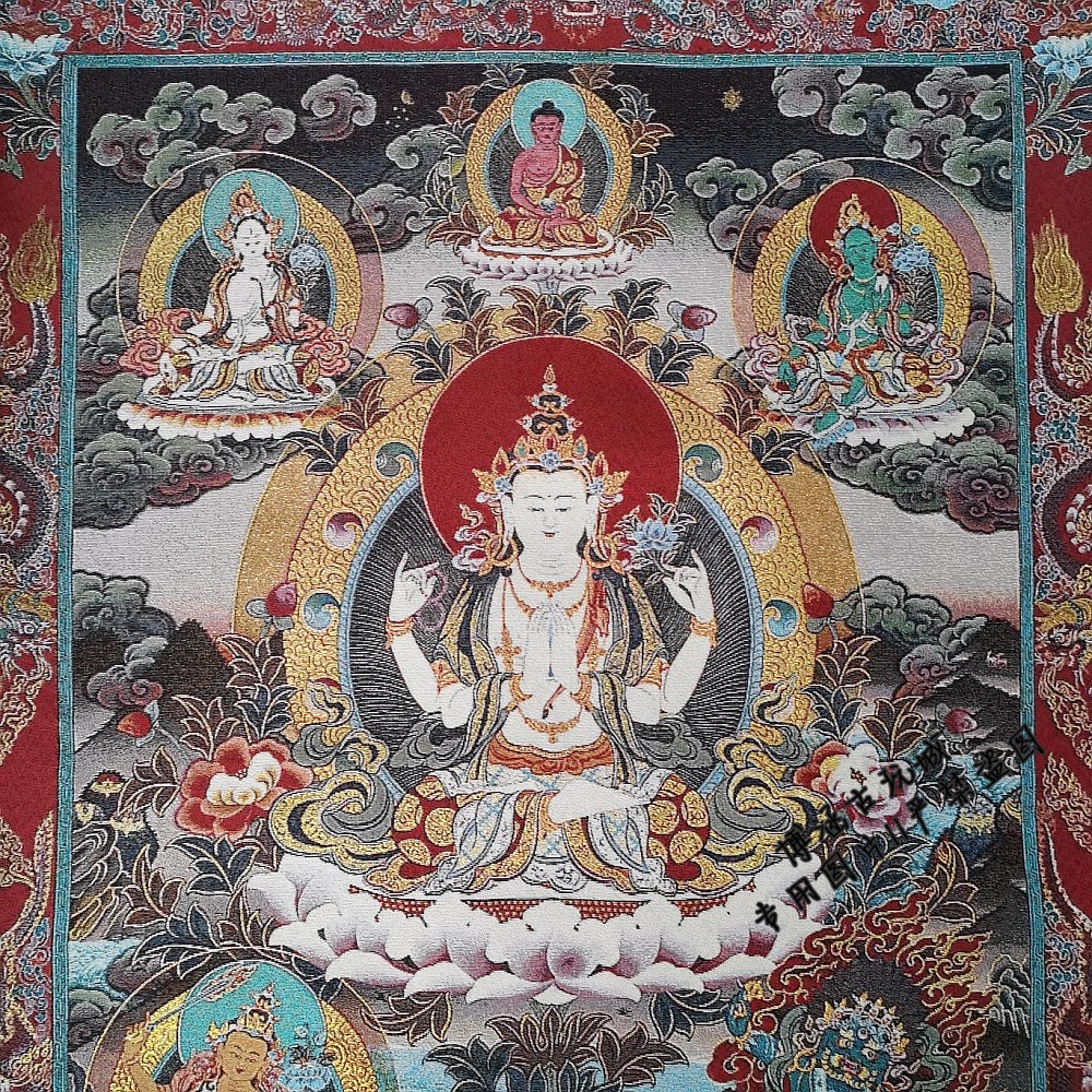 西藏尼泊爾唐卡畫像 織錦絲綢繡 四臂觀音唐卡刺繡菩薩像-細節圖2