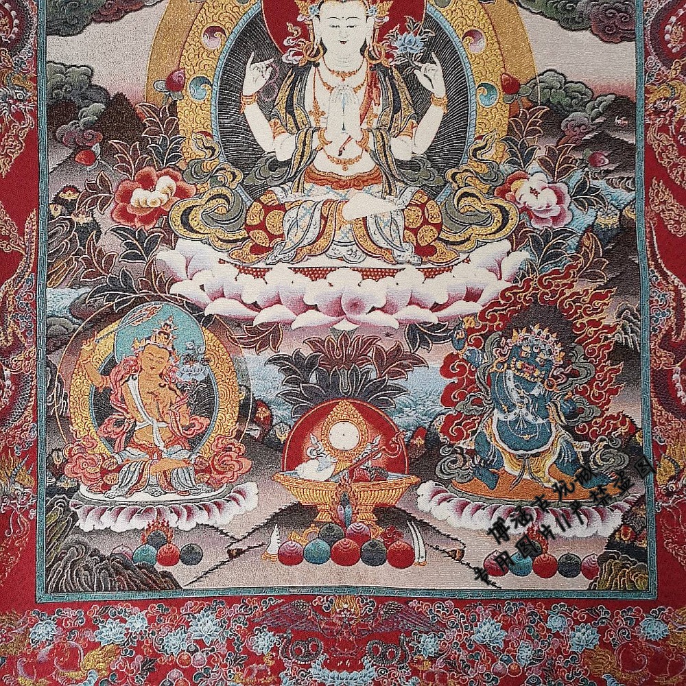 西藏尼泊爾唐卡畫像 織錦絲綢繡 四臂觀音唐卡刺繡菩薩像-細節圖3