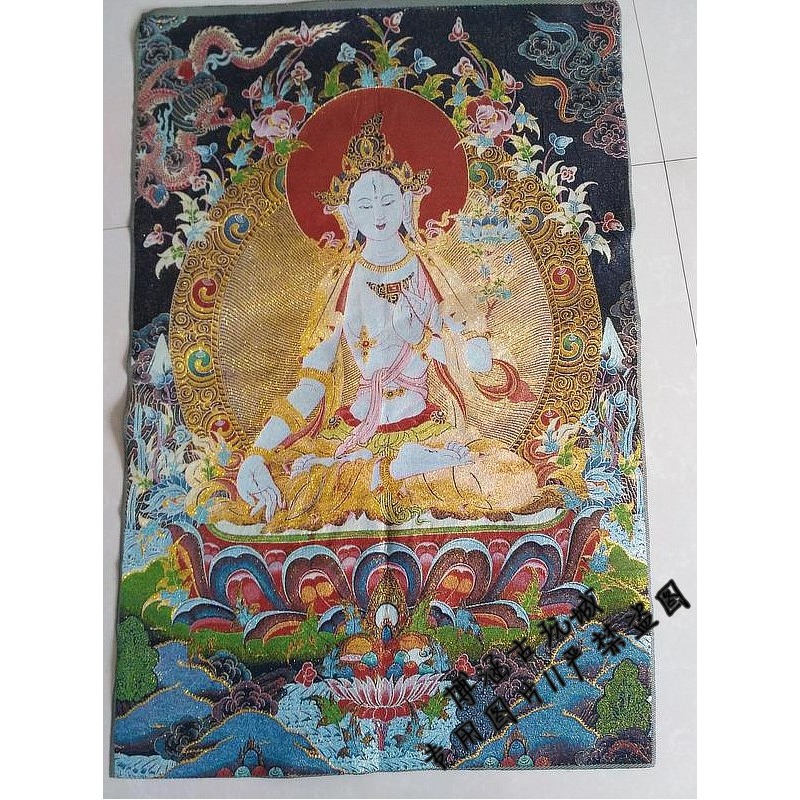 西藏唐卡刺繡 機繡 藏佛白度母 唐卡絲綢刺繡 織錦畫 觀音像-細節圖2