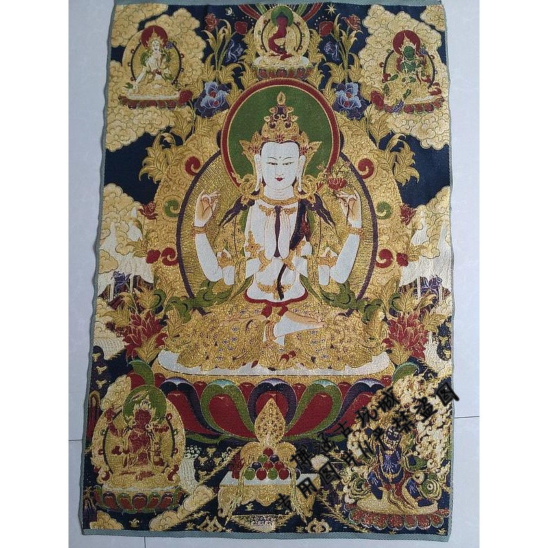 唐卡刺繡 西藏唐卡 藏傳絲綢刺繡 織錦 尼泊爾 四臂觀音像-細節圖2