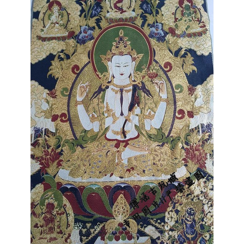 唐卡刺繡 西藏唐卡 藏傳絲綢刺繡 織錦 尼泊爾 四臂觀音像-細節圖3