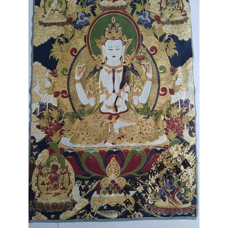 唐卡刺繡 西藏唐卡 藏傳絲綢刺繡 織錦 尼泊爾 四臂觀音像-細節圖4