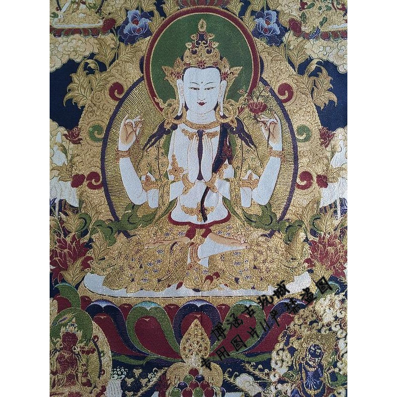 唐卡刺繡 西藏唐卡 藏傳絲綢刺繡 織錦 尼泊爾 四臂觀音像-細節圖5