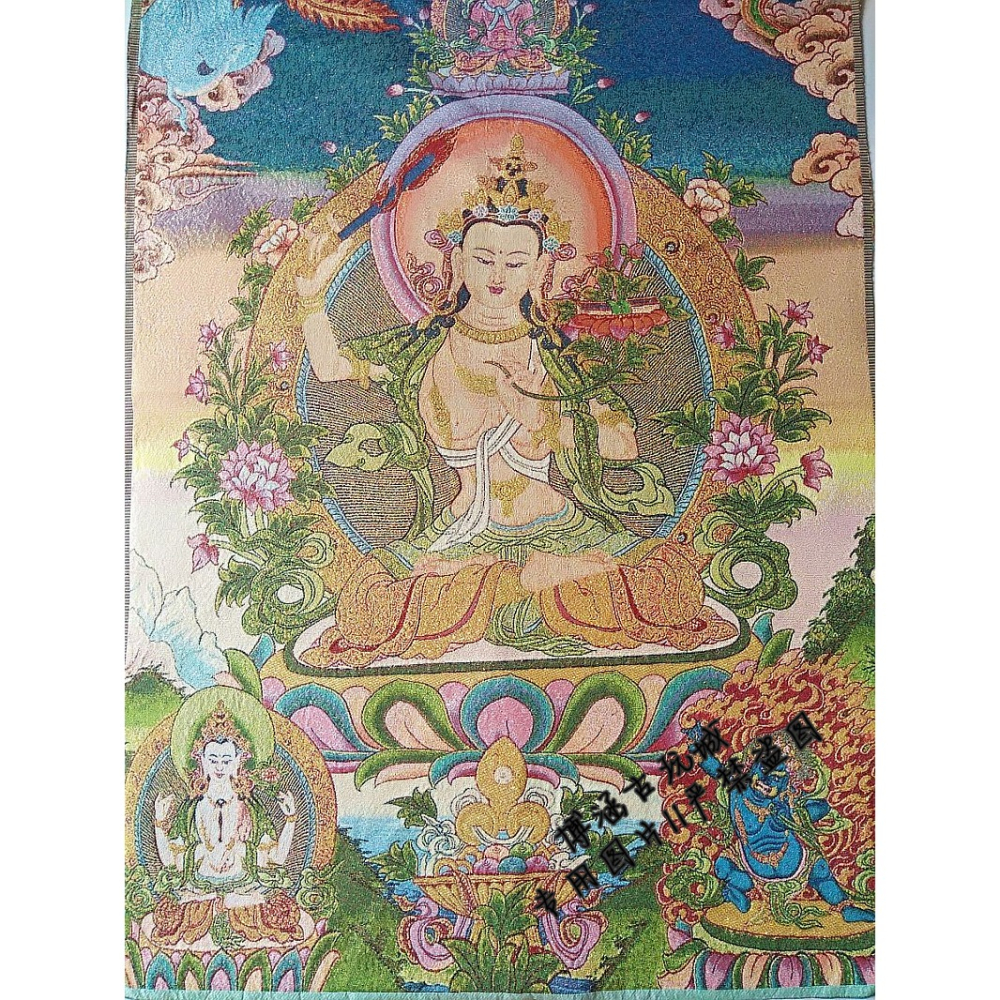 宗教唐卡畫像 織錦絲綢繡密宗 佛堂掛畫 唐卡刺繡文殊菩薩像-細節圖2