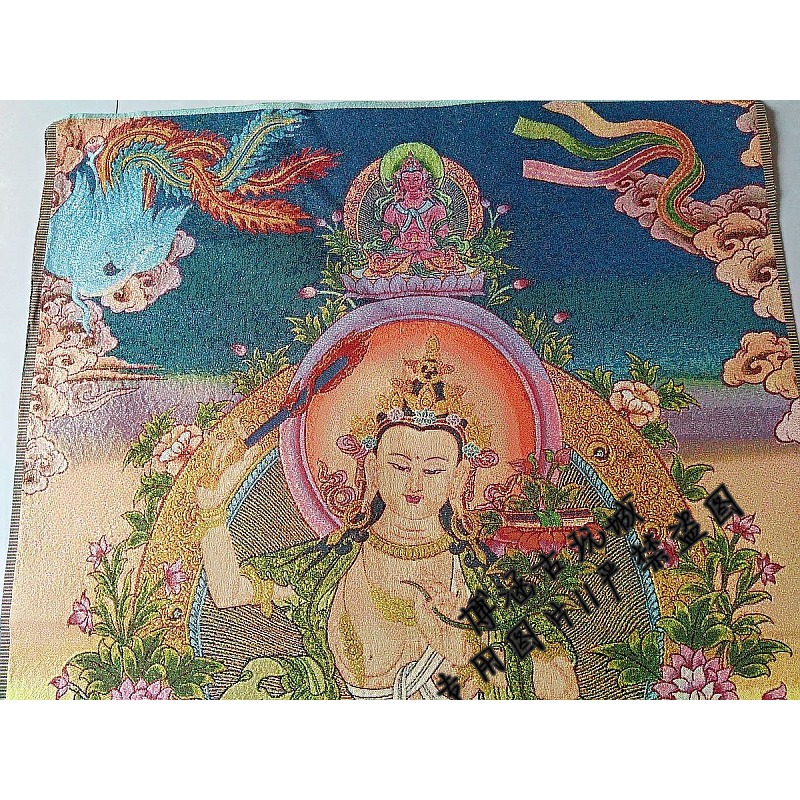 宗教唐卡畫像 織錦絲綢繡密宗 佛堂掛畫 唐卡刺繡文殊菩薩像-細節圖3