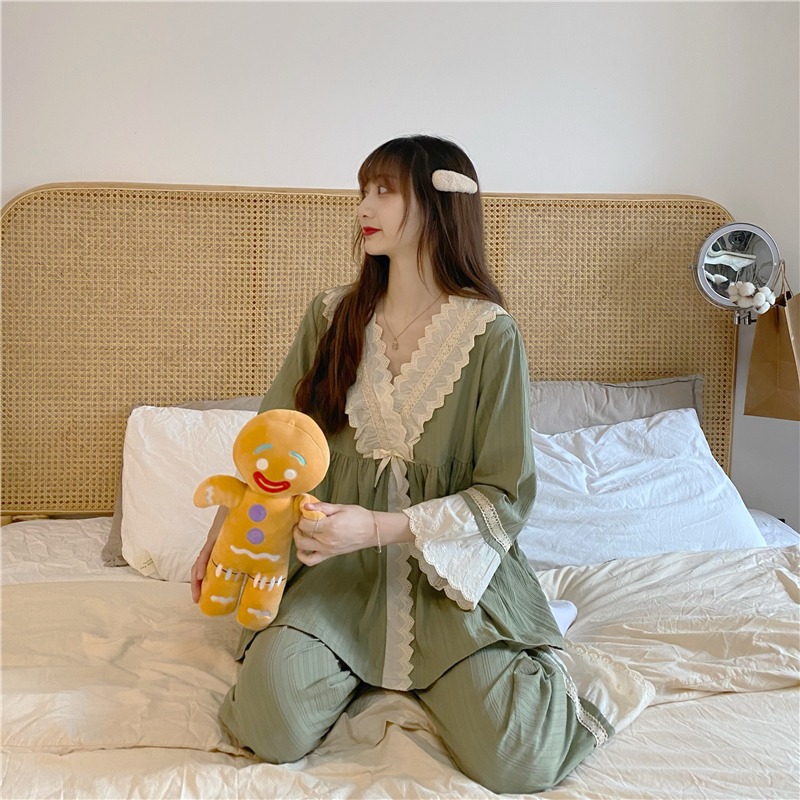 日系蕾絲花邊V領和服睡衣少女甜美公主家居服兩件套裝宮廷風春秋-細節圖2