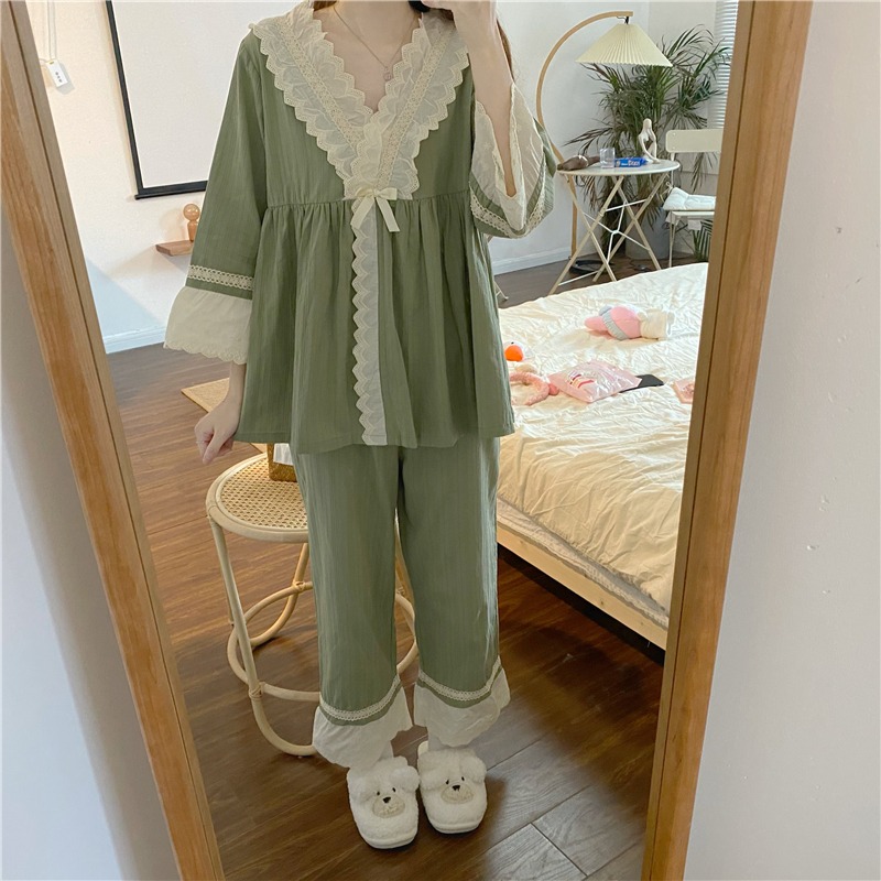 日系蕾絲花邊V領和服睡衣少女甜美公主家居服兩件套裝宮廷風春秋-細節圖3