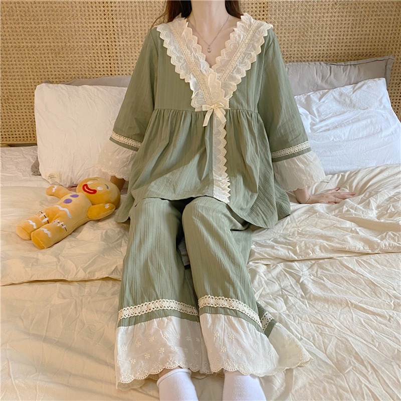 日系蕾絲花邊V領和服睡衣少女甜美公主家居服兩件套裝宮廷風春秋-細節圖4