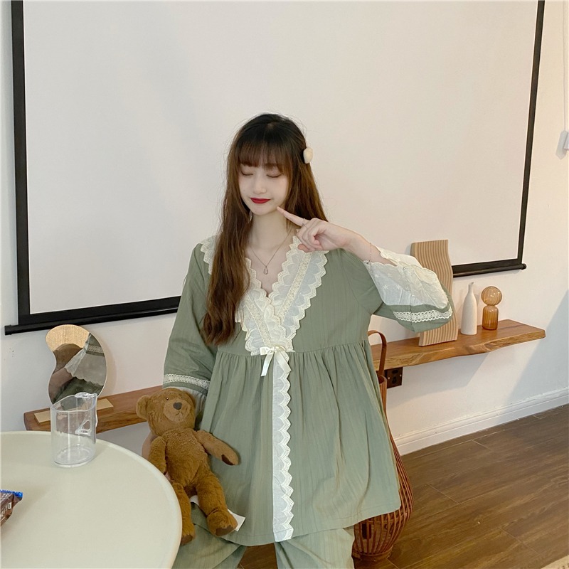 日系蕾絲花邊V領和服睡衣少女甜美公主家居服兩件套裝宮廷風春秋-細節圖5