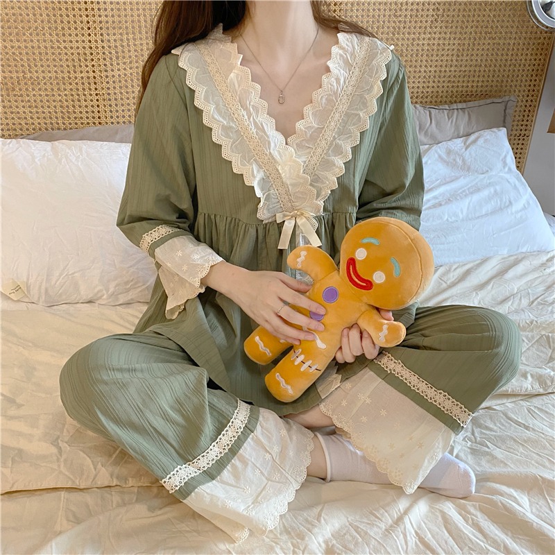 日系蕾絲花邊V領和服睡衣少女甜美公主家居服兩件套裝宮廷風春秋-細節圖6