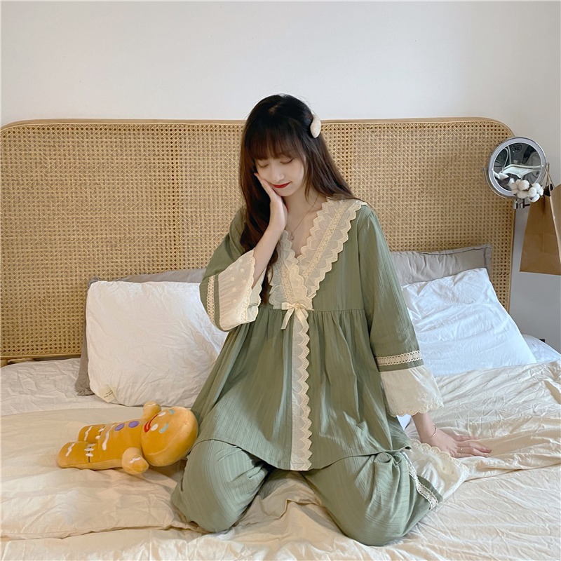 日系蕾絲花邊V領和服睡衣少女甜美公主家居服兩件套裝宮廷風春秋-細節圖7
