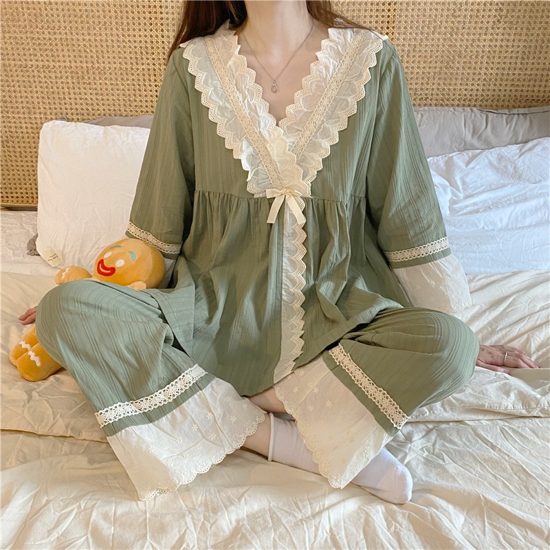 日系蕾絲花邊V領和服睡衣少女甜美公主家居服兩件套裝宮廷風春秋-細節圖9