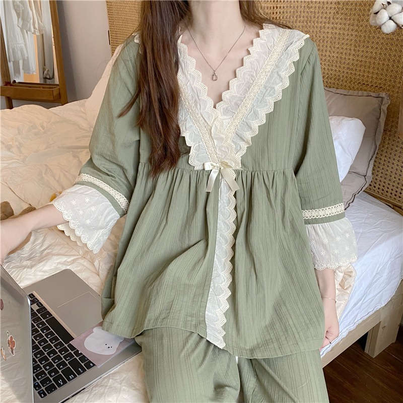 日系蕾絲花邊V領和服睡衣少女甜美公主家居服兩件套裝宮廷風春秋-細節圖10