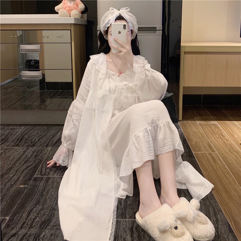 宮廷風甜美吊帶睡裙仙女公主長袖睡袍兩件套裝純欲家居衣服春秋款-細節圖6