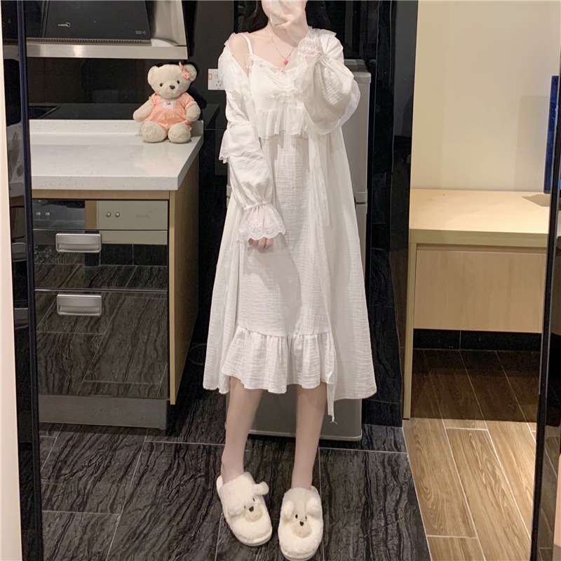 宮廷風甜美吊帶睡裙仙女公主長袖睡袍兩件套裝純欲家居衣服春秋款-細節圖7